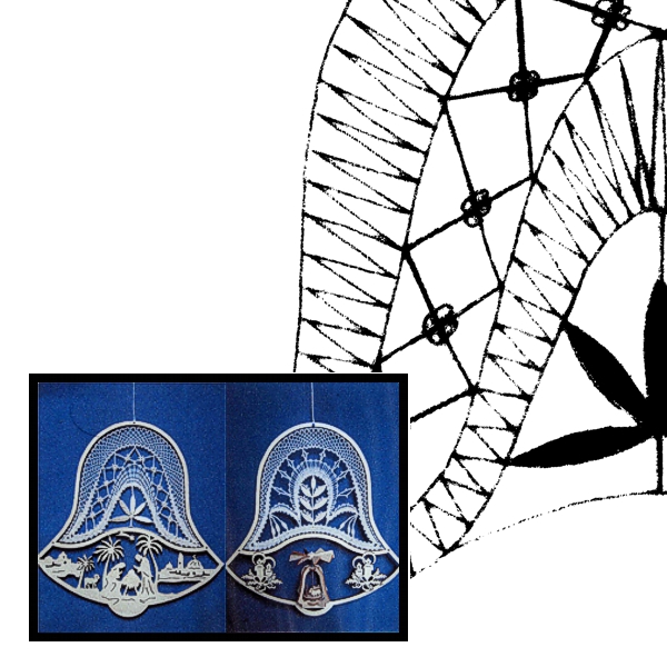 Klöppelbriefe für Holzrahmen Glocke mit Motiv